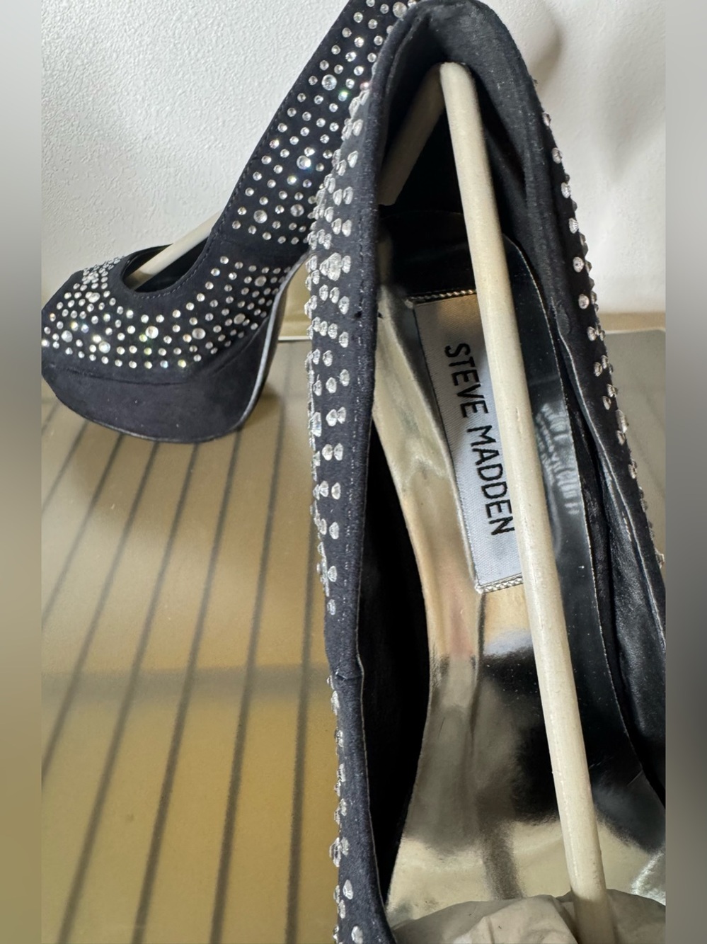 Steve Madden Black Crystal-Embellished Peep Toe Platform Pumps suede sz 7.5 - Picture 6 of 8